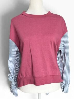 Charmed Hearts Maroon Top Blue White Cotton Open Ruffle Sleeves Sz M